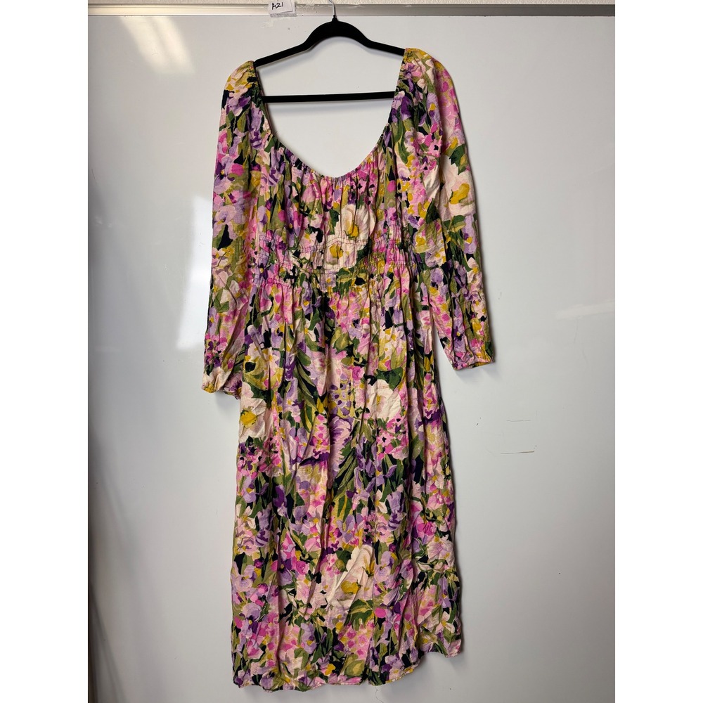 HM Floral Smocked Bodice Midi Dress Pink Purple Long Sleeve XXL
